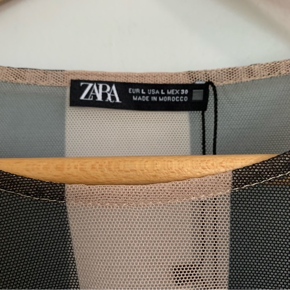 ZARA STRIPED ASYMMETRICAL BLACK AND BEIGE MESH TOP NWT - Picture 5 of 9